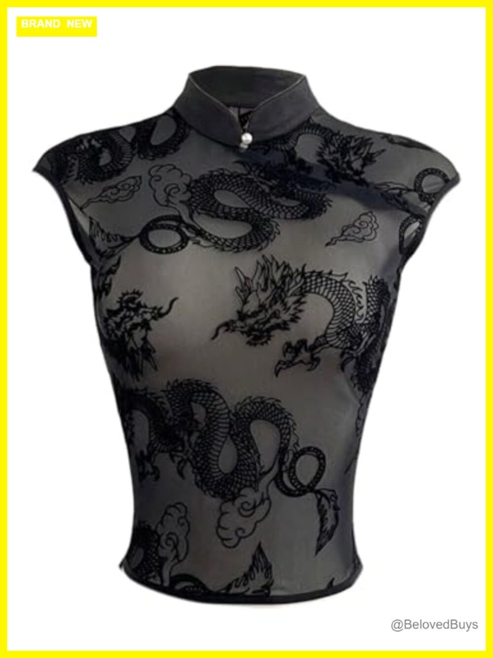 Sheer Mesh Dragon Print Cap Sleeve Y2K Going Out Top - Picture 1 of 4